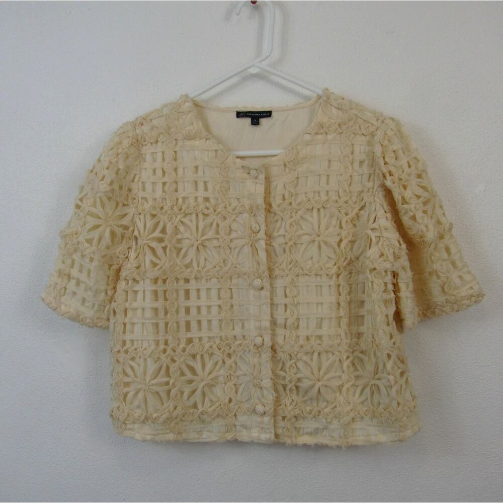 Adrianna Papell M Short Sleeve Chiffon Soutache Crop Cardigan Blazer Ivory Cream
